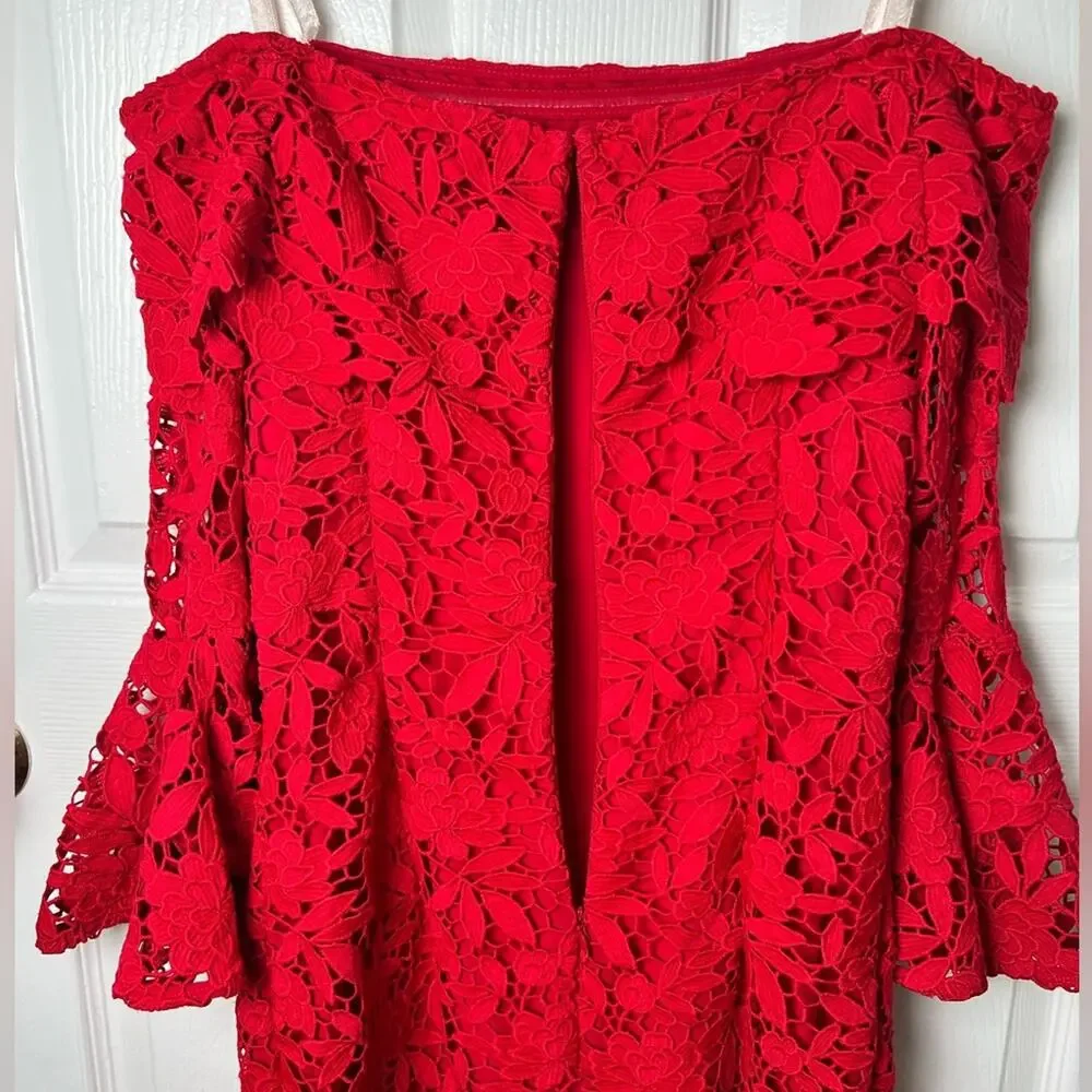 Shoshana Red Off The Shoulder Lace Harrison Sheath Tea Midi Length Dress 4